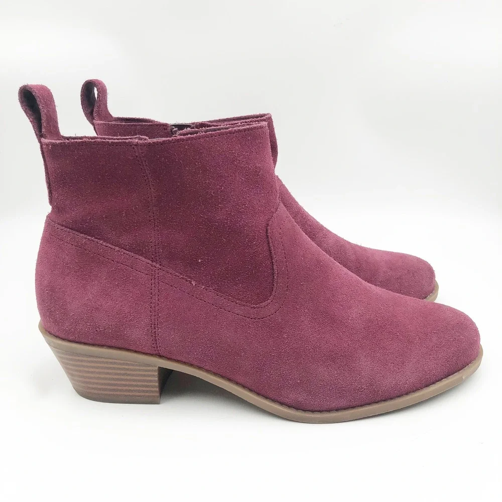 Vionic Shoes Womens 9 Vera Suede Ankle Boot Wine Burgundy Low Block Heel Booties